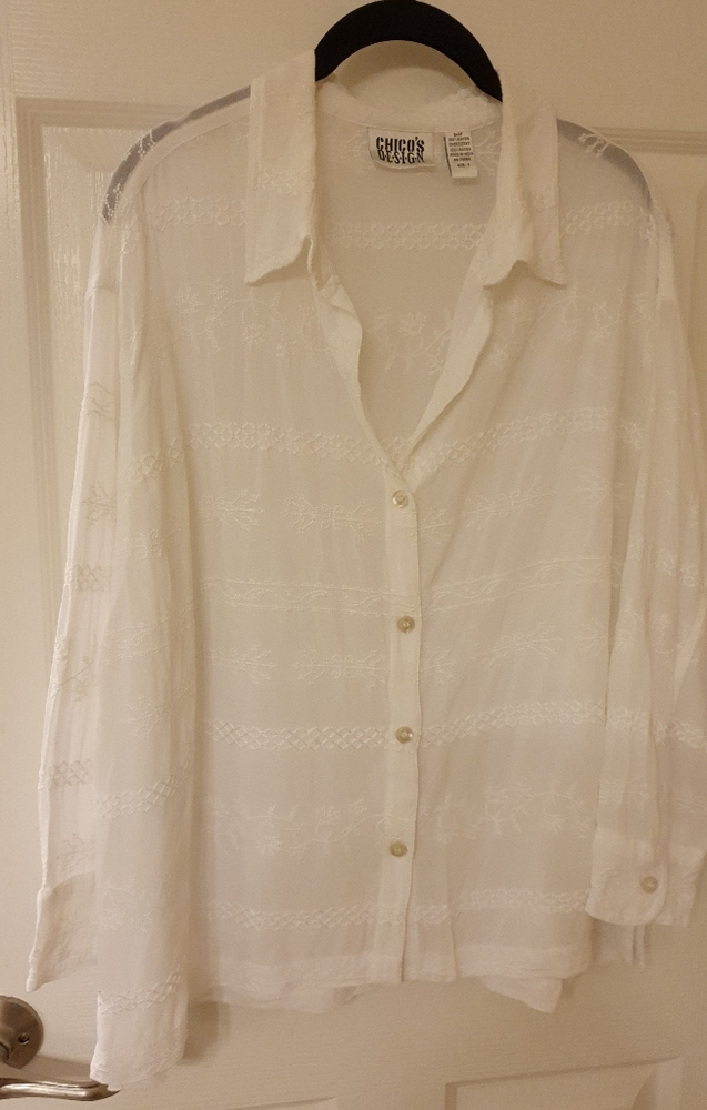 Chico Design White Button Down Shirt Size 3 with Embroidery Thread Design
